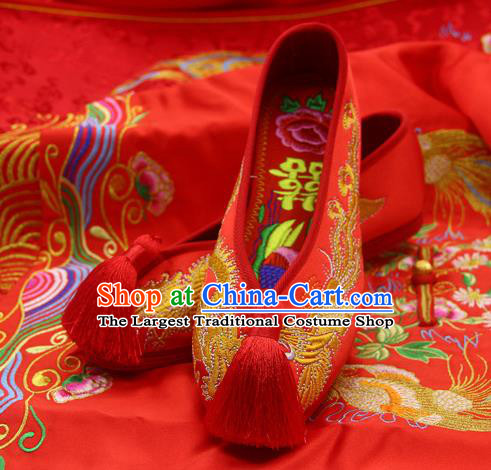 Traditional Chinese Handmade Embroidered Phoenix Red Shoes Hanfu Wedding Shoes National Cloth Shoes for Women