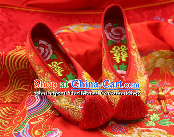 Traditional Chinese Handmade Embroidered Phoenix Red Shoes Hanfu Wedding Shoes National Cloth Shoes for Women