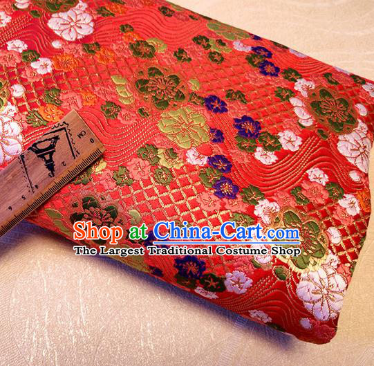 Asian Japan Traditional Plum Pattern Design Red Brocade Damask Fabric Kimono Satin Material