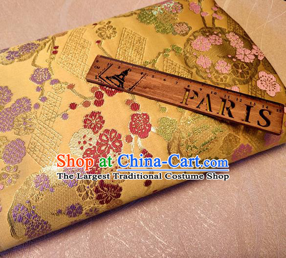 Asian Japan Traditional Plum Pattern Design Golden Brocade Damask Fabric Kimono Satin Material