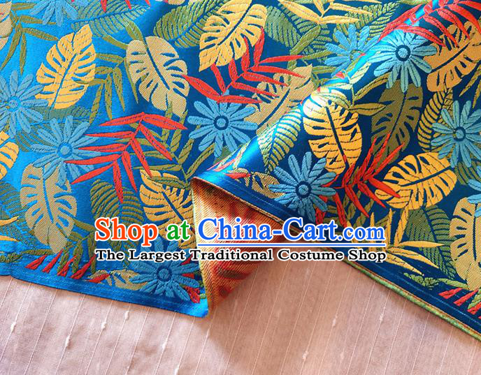 Asian Chinese Traditional Tree Leaf Pattern Design Blue Brocade Cheongsam Fabric Silk Material