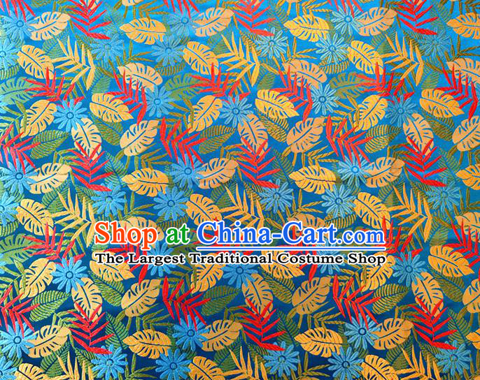 Asian Chinese Traditional Tree Leaf Pattern Design Blue Brocade Cheongsam Fabric Silk Material
