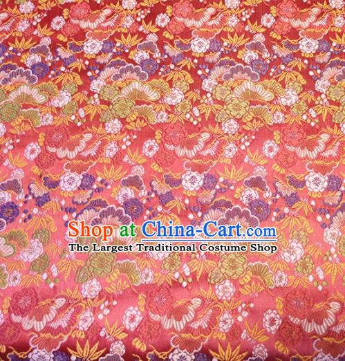 Asian Japan Traditional Bamboo Cockscomb Pattern Design Red Brocade Damask Fabric Kimono Satin Material