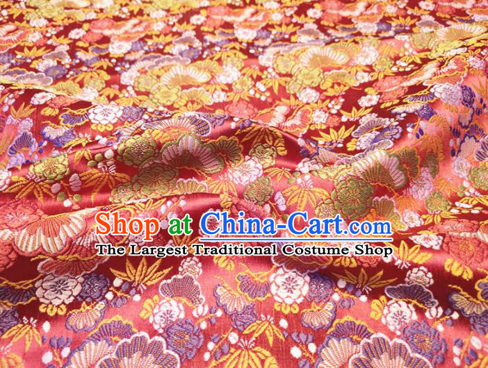 Asian Japan Traditional Bamboo Cockscomb Pattern Design Red Brocade Damask Fabric Kimono Satin Material