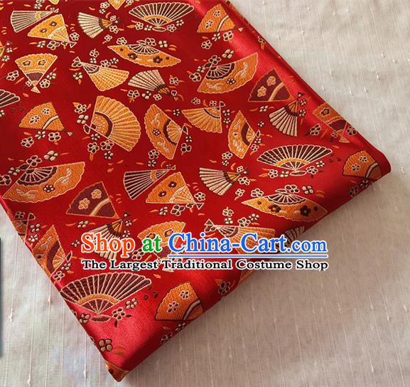 Asian Japan Traditional Folding Fan Pattern Design Red Brocade Damask Fabric Kimono Satin Material