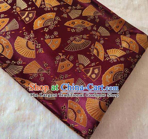 Asian Japan Traditional Folding Fan Pattern Design Purple Brocade Damask Fabric Kimono Satin Material