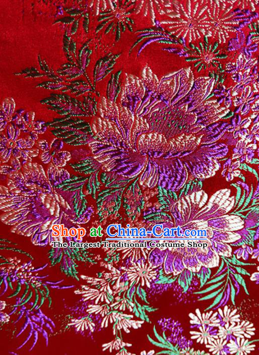 Asian Chinese Traditional Peony Pattern Design Red Brocade Cheongsam Fabric Silk Material