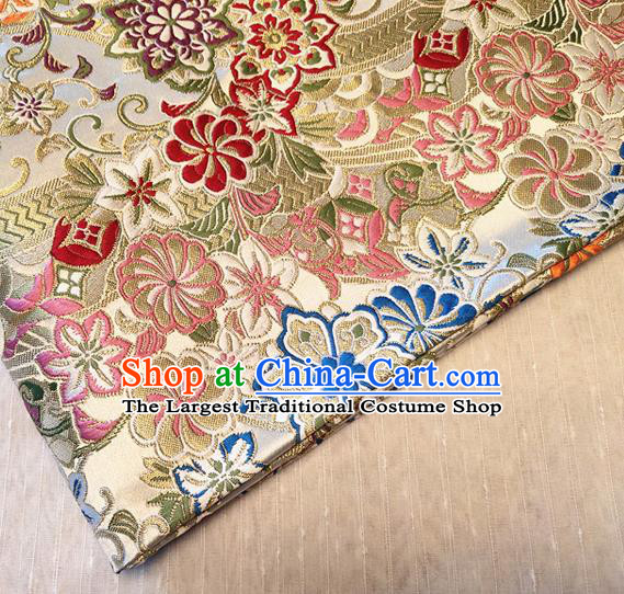 Asian Japan Traditional Sakura Daisy Pattern Design Beige Brocade Damask Fabric Kimono Satin Material