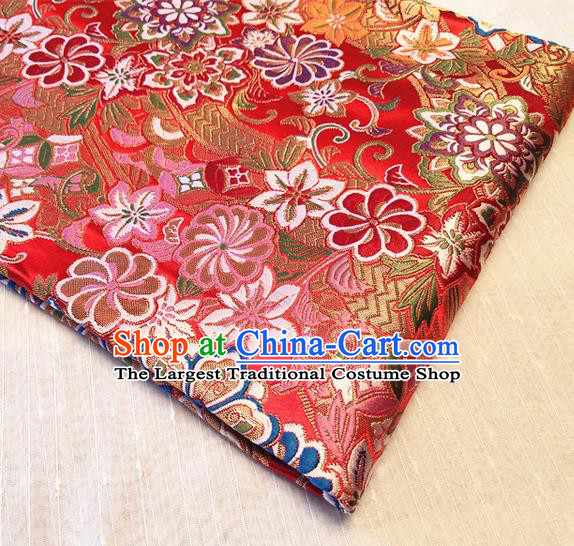 Asian Japan Traditional Sakura Daisy Pattern Design Red Brocade Damask Fabric Kimono Satin Material