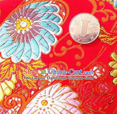 Asian Japan Traditional Daisy Pattern Design Red Brocade Damask Fabric Kimono Satin Material