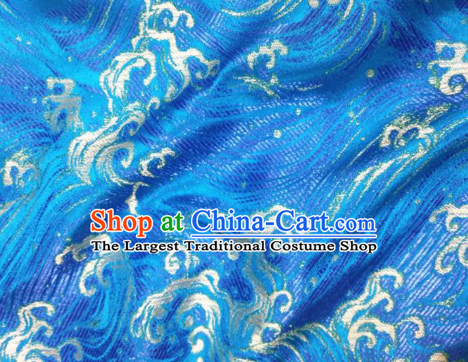 Asian Japan Traditional Wave Pattern Design Blue Brocade Damask Fabric Japanese Kimono Satin Material