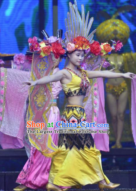 Chinese The Romantic Show of Sanya Peacock Dance Yellow Dress Stage Performance Costume and Headpiece for Women