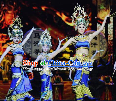 Chinese The Romantic Show of Lijiang Peacock Dance Blue Dress Stage Performance Costume and Headpiece for Women