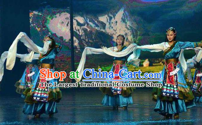 Chinese The Romantic Show of Lijiang Tibetan Dance Blue Dress Stage Performance Costume and Headpiece for Women