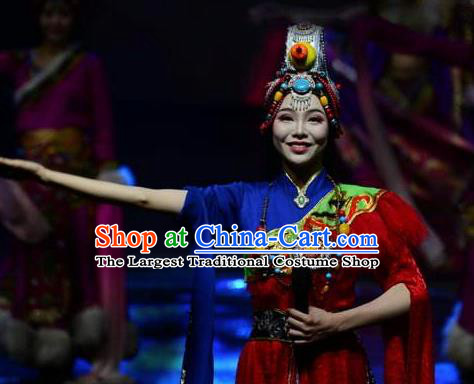 Chinese The Romantic Show of Lijiang Zang Nationality Dance Dress Stage Performance Costume and Headpiece for Women