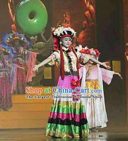 Chinese The Romantic Show of Lijiang Yi Ethnic Nationality Dance Dress Stage Performance Costume and Headpiece for Women