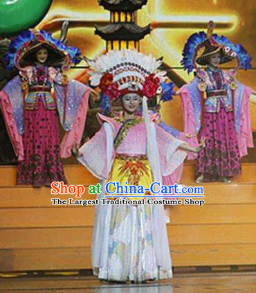 Chinese The Romantic Show of Lijiang Bai Ethnic Nationality Dance Dress Stage Performance Costume and Headpiece for Women