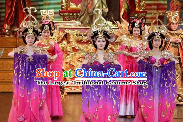 Chinese The Romantic Show of Songcheng Palace Feast Dance Purple Dress Stage Performance Costume and Headpiece for Women