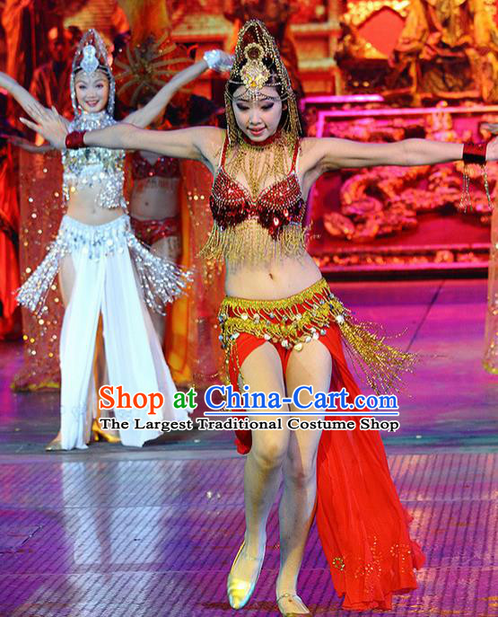Chinese The Romantic Show of Songcheng Palace Feast Dance Red Dress Stage Performance Goddess Costume and Headpiece for Women