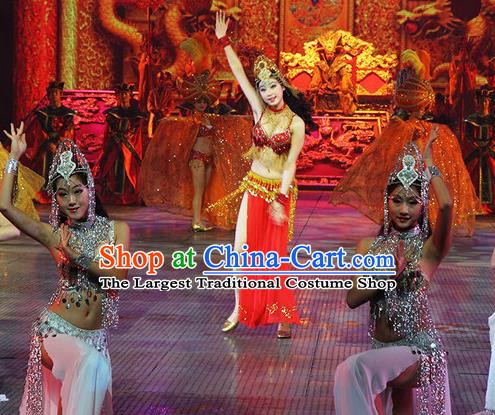 Chinese The Romantic Show of Songcheng Palace Feast Dance Red Dress Stage Performance Goddess Costume and Headpiece for Women