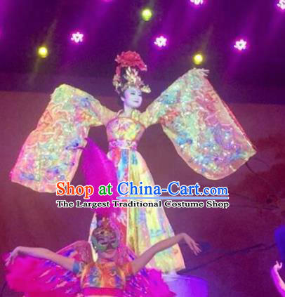 Chinese The Long Regret Tang Dynasty Court Concubine Dance Yellow Dress Stage Performance Costume and Headpiece for Women