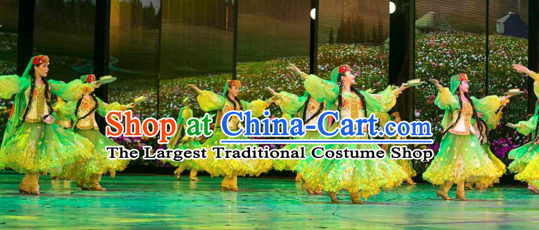 Chinese Back to the Silk Road Uyghur Nationality Dance Green Dress Stage Performance Ethnic Costume for Women