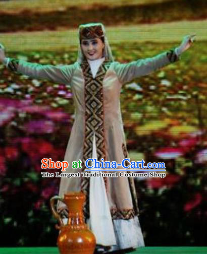 Chinese Back to the Silk Road Uyghur Nationality Dance Khaki Dress Stage Performance Ethnic Costume for Women