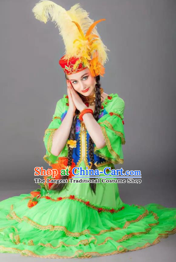 Chinese Back to the Silk Road Kazak Nationality Folk Dance Green Dress Stage Performance Ethnic Costume for Women