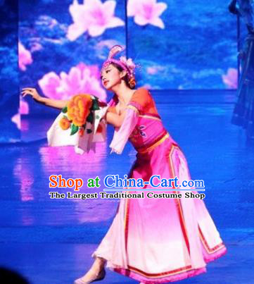Chinese The Romantic Show of Jiuzhai Folk Dance Dress Stage Performance Costume and Headpiece for Women