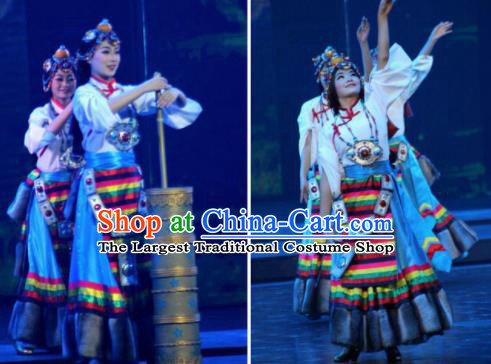 Chinese The Romantic Show of Jiuzhai Tibetan Nationality Dance Dress Stage Performance Costume and Headpiece for Women