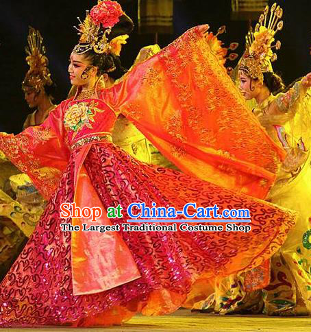 Chinese Chang An Impression Ancient Court Queen Dance Rosy Dress Stage Performance Costume and Headpiece for Women