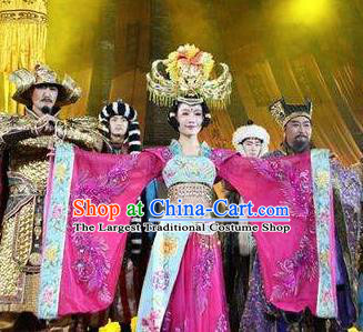 Chinese Chang An Impression Ancient Court Queen Dance Purple Dress Stage Performance Costume and Headpiece for Women