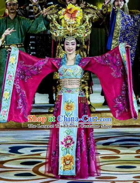 Chinese Chang An Impression Ancient Court Empress Dance Rosy Dress Stage Performance Costume and Headpiece for Women