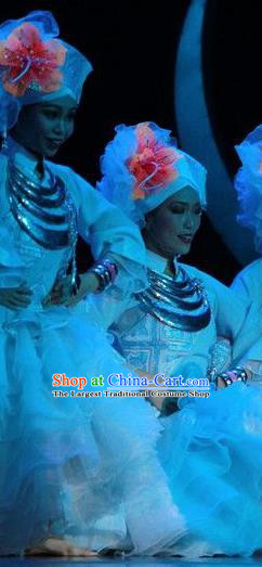 Chinese The Ship Legend of Huashan Zhuang Nationality Dance Dress Stage Performance Costume and Headpiece for Women
