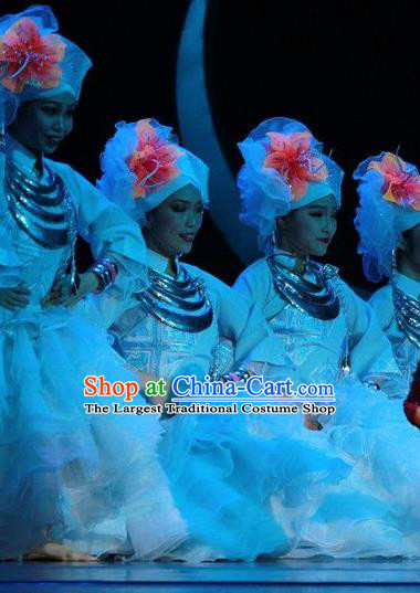 Chinese The Ship Legend of Huashan Zhuang Nationality Dance Dress Stage Performance Costume and Headpiece for Women