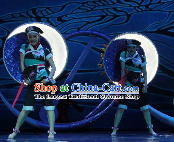 Chinese The Ship Legend of Huashan Zhuang Nationality Dance Black Outfits Stage Performance Costume and Headpiece for Women