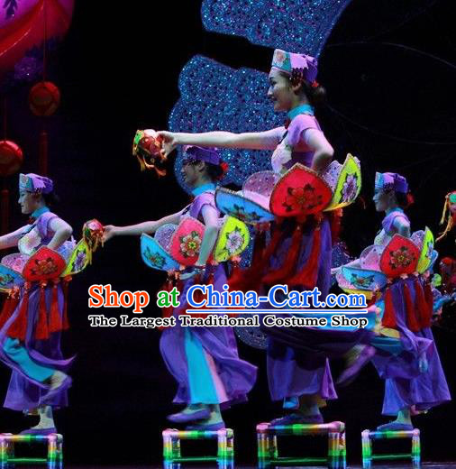 Chinese The Ship Legend of Huashan Zhuang Nationality Dance Purple Dress Stage Performance Costume and Headpiece for Women