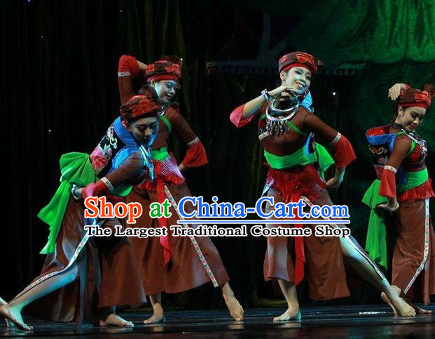 Chinese The Ship Legend of Huashan Zhuang Nationality Dance Brown Dress Stage Performance Costume and Headpiece for Women
