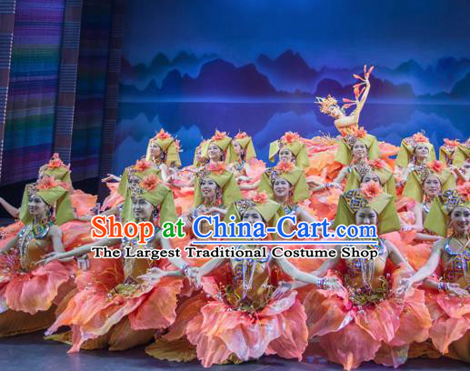 Chinese The Ship Legend of Huashan Zhuang Nationality Dance Pink Dress Stage Performance Costume and Headpiece for Women