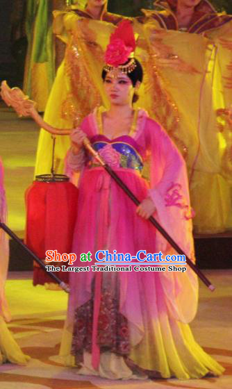 Chinese Chang An Impression Ancient Tang Dynasty Court Maid Dance Pink Dress Stage Performance Costume and Headpiece for Women