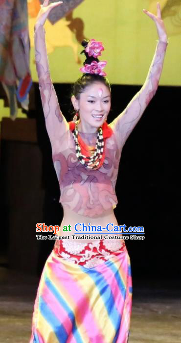 Chinese Impression Tibetan Zang Nationality Folk Dance Dress Yang Liping Stage Performance Costume and Headpiece for Women
