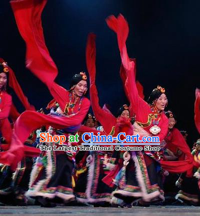 Chinese Impression Tibetan Zang Nationality Red Water Sleeve Dance Dress Stage Performance Costume and Headpiece for Women