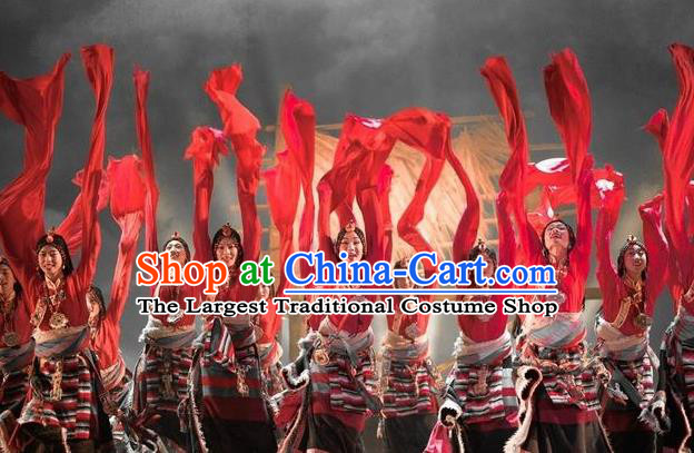 Chinese Impression Tibetan Zang Nationality Red Water Sleeve Dance Dress Stage Performance Costume and Headpiece for Women