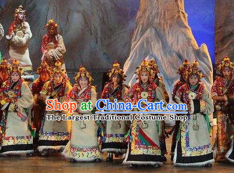 Chinese Impression Tibetan Zang Nationality Dance Dress Stage Performance Costume and Headpiece for Women