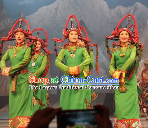 Chinese Impression Tibetan Zang Nationality Dance Green Robe Stage Performance Costume and Headpiece for Women