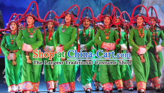 Chinese Impression Tibetan Zang Nationality Dance Green Robe Stage Performance Costume and Headpiece for Women