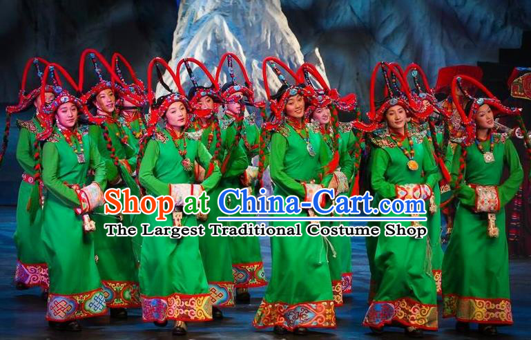 Chinese Impression Tibetan Zang Nationality Dance Green Robe Stage Performance Costume and Headpiece for Women