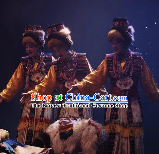 Chinese Impression Tibetan Zang Nationality Herdsman Dance Robe Stage Performance Costume and Headpiece for Women