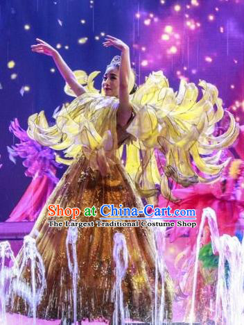 Chinese Back to Song Dynasty Chrysanthemum Dance Yellow Dress Stage Performance Costume for Women