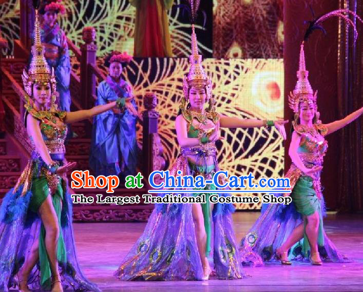 Chinese Back to Song Dynasty Ethnic Dance Green Dress Stage Performance Costume and Headpiece for Women